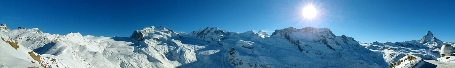 180° Panoramic view (east -> west) from the top view point on Gornergrat [3'133m] - From Monte Rosa to Matterhorn